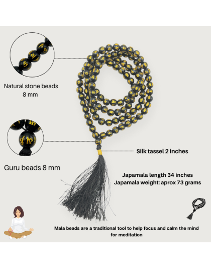 Black Agate OM Jap Mala (Hand Knotted)