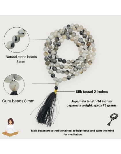 Black Rutilated Quartz Jap Mala (Hand Knotted)