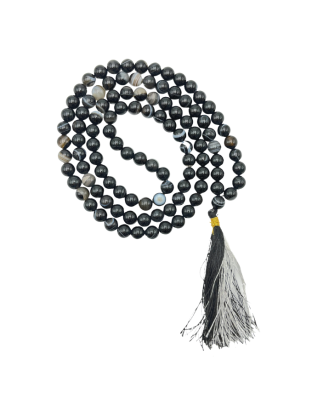 Black Banded Agate Jap Mala (Hand Knotted)