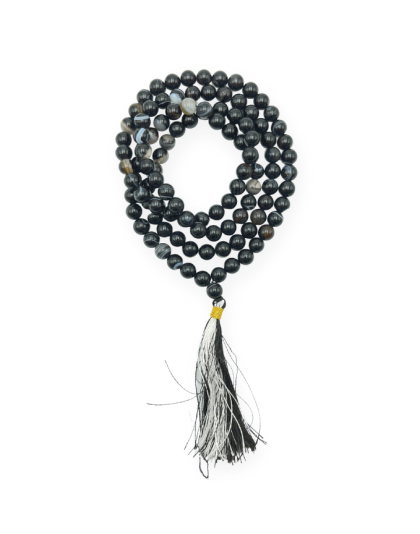 Black Banded Agate Jap Mala (Hand Knotted)