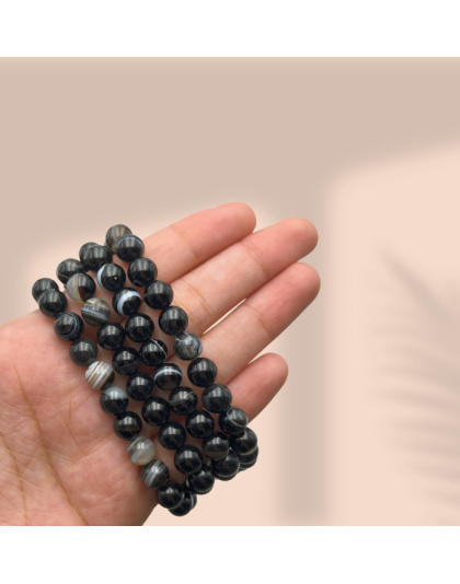 Black Banded Agate Jap Mala (Hand Knotted)